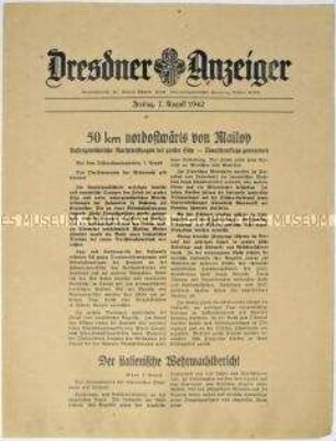Nachrichtenblatt "Dresdner Anzeiger" mit Meldungen des Oberkommandos der Wehrmacht und des italienischen Oberkommandos u.a. zum Kriegsgeschehen im Kaukasus