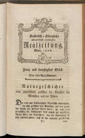 Zwey und dreyßigstes Stück. Den 6ten Augustmonat. Wien, 1776.