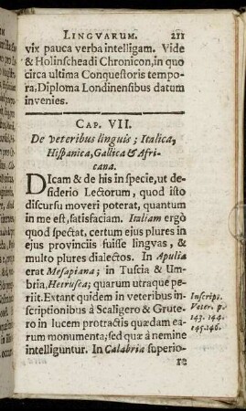 Cap. VII. De veteribus linguis; Italica Hispanica, Gallica & Africana.