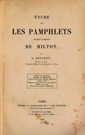 Etude sur les pamphlets politiques et religieux de Milton