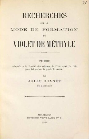 Recherches sur le mode de formation du violet de méthyle