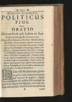 Martini Schoockii Politicus Pius. Sive Oratio.