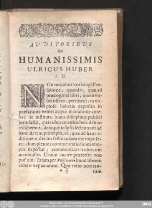 Auditoribus suis Humanissimis Ulricus Huber S. D.