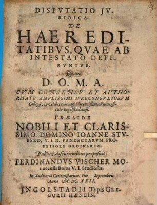 Dispvtatio Jvridica. De Haereditatibvs, Qvae Ab Intestato Defervntvr