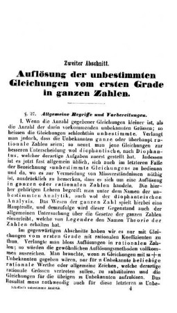 Zweiter Abschnitt. Auflösung der unbestimmten Gleichungen vom ersten Grade in ganzen Zahlen.