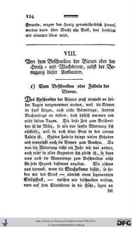 VIII. Vom Beschneiden der Bienen oder der Honig- und Wachsernte.