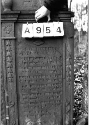 Grabstein 954 (Index: 99902506) Material: Sandstein Maße HxBxT: 165x108x10 cm Symbolik: Kanne mit Blume Besonderheit: Doppelgrab (für Eheleute?): Grabstein 954A