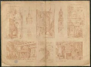 Reiseskizzen Antwerpen und Gent: Altes Burgthor in Gent ; Fleischhalle in Antwerpen ; Rubens-Pavillion ; Salle des Brasseurs ; Kamin im Rathhaus