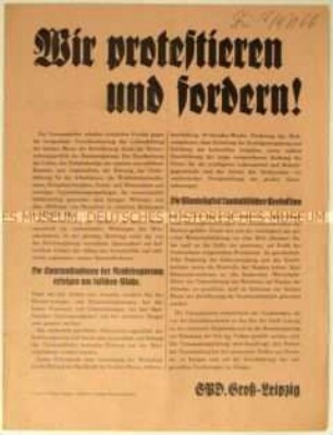 Flugblatt der Leipziger SPD mit Protest gegen die Wirtschafts- und Sozialpolitik der Reichsregierung