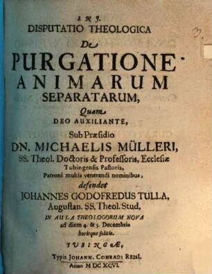 Disputatio Theologica De Purgatione Animarum Separatarum