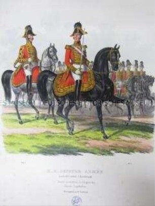 Uniformdarstellung, Trompeter, Kapitän und Mannschaft der K.K. Ersten Arcièren-Leibgarde zu Pferd, Österreich, 1840. Tafel aus: Trentsensky: K.K. Oesterreichische Armée nach der neuen Adjustirung.