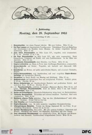 I. Auktionstag: Montag, den 28. September 1903. Vormittag 10 Uhr (Nr. 1-198)