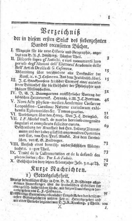 Verzeichniß der in diesem ersten Stück des siebenzehnten Bandes recensirten Bücher.