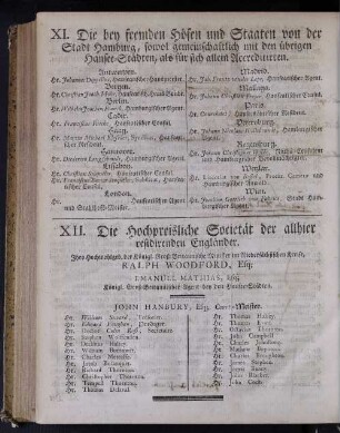 XI. Die bey fremden Höfen und Staaten von der Stadt Hamburg, sowol gemeinschaftlich mit den übrigen Hansee-Städten, als für sich allein Accreditirten.