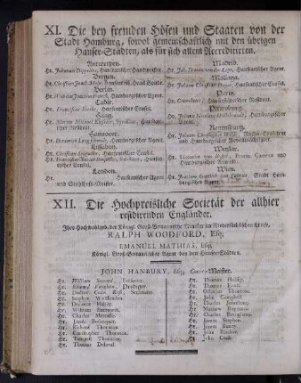 XI. Die bey fremden Höfen und Staaten von der Stadt Hamburg, sowol gemeinschaftlich mit den übrigen Hansee-Städten, als für sich allein Accreditirten.