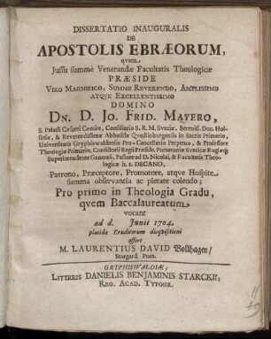 Dissertatio Inauguralis De Apostolis Ebræorum