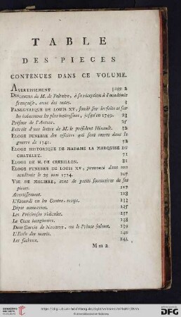 Table des pièces contenues dans ce volume
