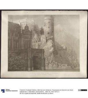 Käthchen von Heilbronn. Trauerspiel von Heinrich von Kleist. Entwurf der 7. Dekoration. Schlosshof der Burg Turneck