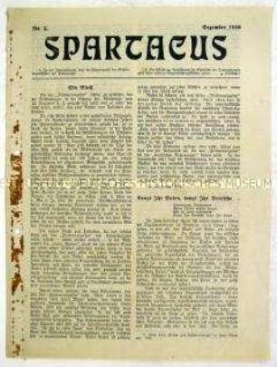 Dritte Nummer des Mitteilungsblattes des Spartakus-Bundes ("Spartakus-Brief") mit Antikriegspropaganda