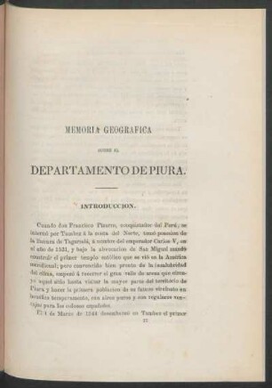 Memoria geográfica sobre el Departamento de Piura.