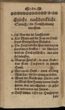 Etzliche nachdenckliche Sprüch/ die Haußhaltung betreffend.