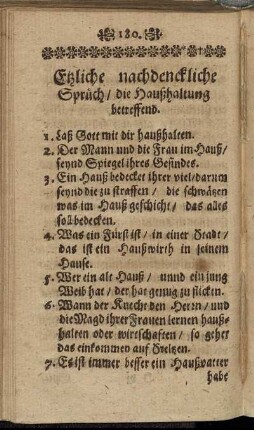 Etzliche nachdenckliche Sprüch/ die Haußhaltung betreffend.