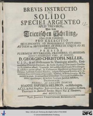 Brevis Instructio De Solido Speciei Argenteo Apud Treviros