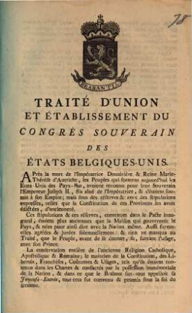 Traité D'Union Et Établissement Du Congrès Souverain Des États Belgiques-Unis