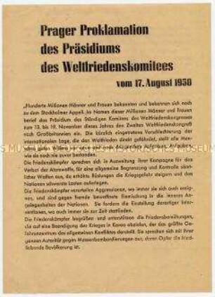 Sonderdruck der Prager Proklamation des Präsidiums des Weltfriedenskomitees, für Beendigung des Korea-Krieges