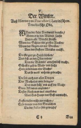V. Der Winter. Auß Hieronymi Fracastorii Lateinischem. Trochaische Ode.