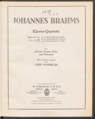 Zweites Quartett (A-Dur) für Klavier, Violine, Viola und Violoncell : op. 26