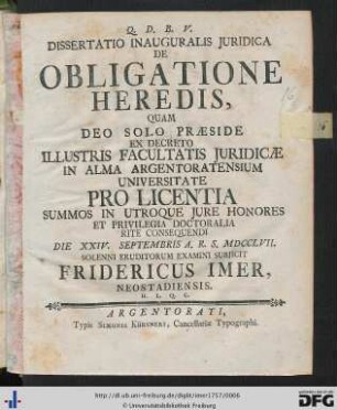 Dissertatio Inauguralis Juridica De Obligatione Heredis
