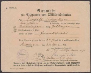 Auf Eugen Digele ausgestellte Ausweise zur Erlangung von Militärfahrkarten
