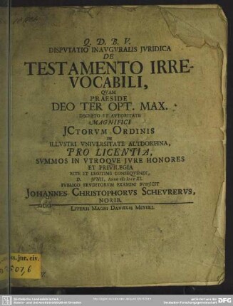Disputatio Inauguralis Iuridica De Testamento Irrevocabili