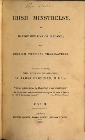 Irish minstrelsy, or bardic remains of Ireland, 2. (1831). - 435 S.