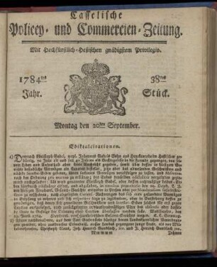 38tes Stueck, Montag den 20ten September. 1784
