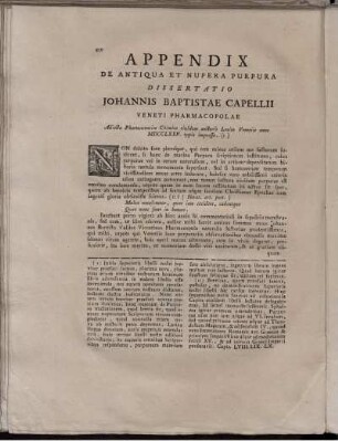 Appendix De Antiqua et Nupera Purpura Dissertatio Johannis Baptistae Capellii Veneti Pharmacopolae