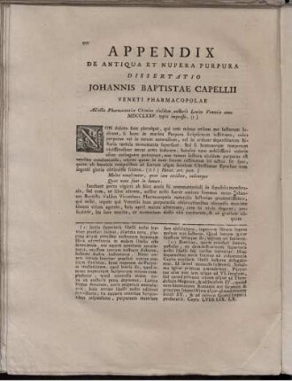 Appendix De Antiqua et Nupera Purpura Dissertatio Johannis Baptistae Capellii Veneti Pharmacopolae