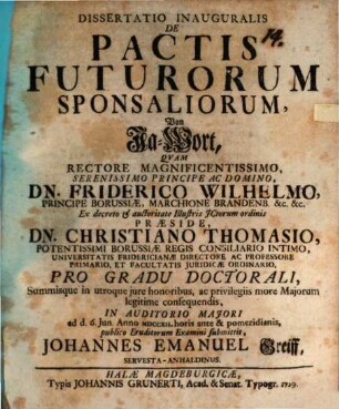 Dissertatio Inauguralis De Pactis Futurorum Sponsaliorum : = Von Ja-Wort