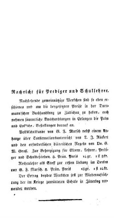 Nachricht für Prediger und Schullehrer