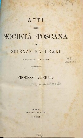 Atti della Società Toscana di Scienze Naturali. Processi verbali. 4. 1883/85