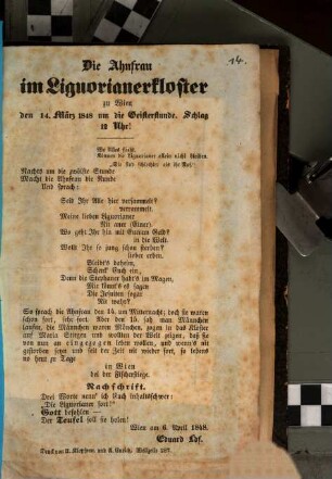 Die Ahnfrau im Liguorianerkloster zu Wien den 14. März 1848 um die Geisterstunde ...