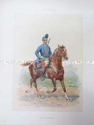 Uniformdarstellung, Husar zu Pferd, Frankreich, um 1890.