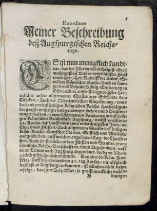 Exordium Meiner Beschreibung deß Augpurgischen Reichstags.