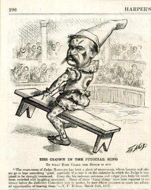 The clown in the judical ring. [Anschließend folgt ein Textblock] : ein Clown versucht auf einer Bank durch eine Zirkusmanege zu reiten