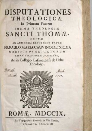 Disputationes Theologicae In Primam Partem Summae Theologiae Sancti Thomae Aquinatis, [1]