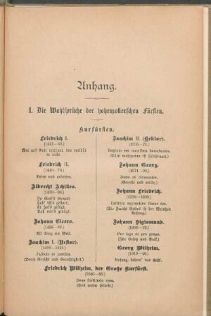 1. Die Wahlsprüche der hohenzollerschen Fürsten.