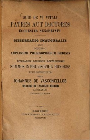 Quid de Vi Vitali Patres aut Doctores ecclesiae senserint? : Diss. inaug.