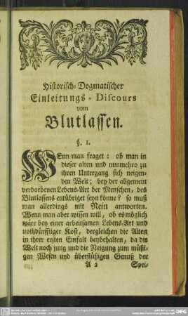 Historisch-Dogmatischer Einleitungs-Discours vom Blutlassen
