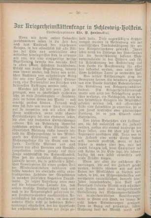 Zur Kriegerheimstättenfrage in Schleswig-Holstein. Landeshauptmann Chr. P. Hansen-Kiel.